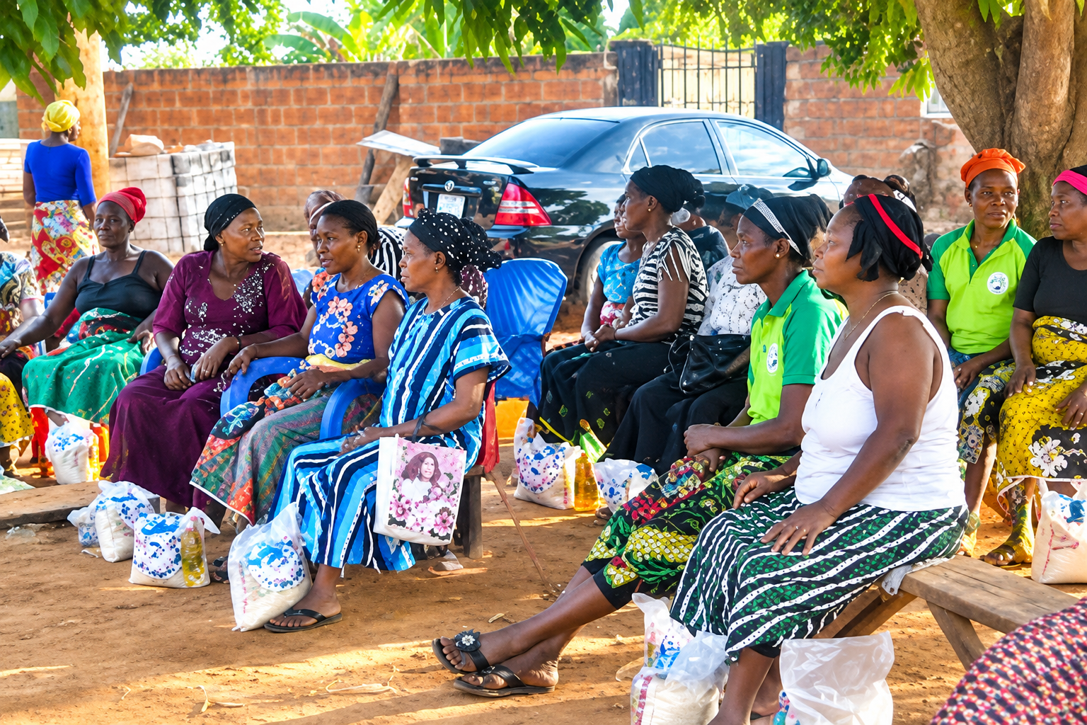 Women gathered during a community support and food relief activity