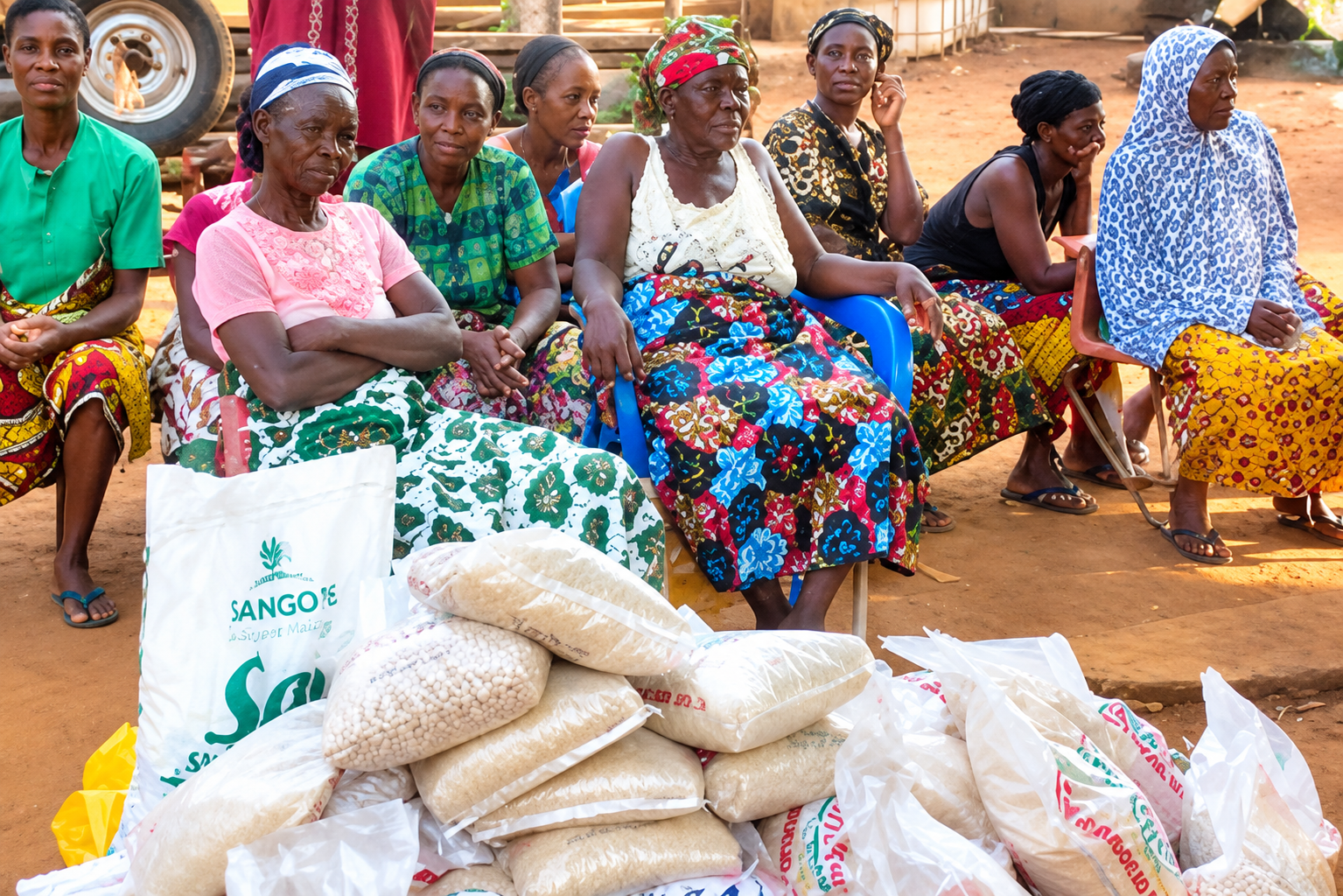 Community members gathered during a food relief distribution